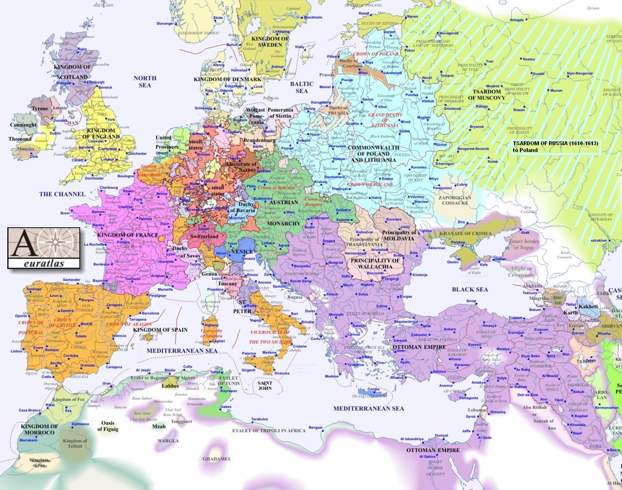 Map of Europe in 1600 CE, by Euratlas